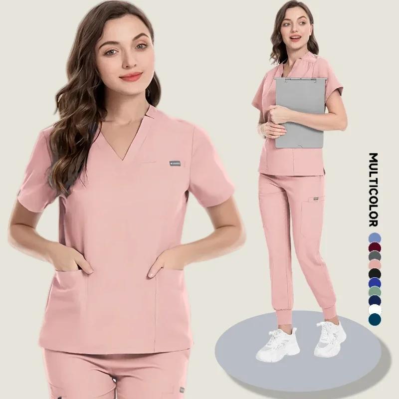 Zdravotnický uniformní oblek Krátký rukáv V-výstřih Topy+jogger kalhoty Set Ošetřovatelská uniforma Dámská Vícebarevná Pet Doctor Scrub Lékařské pracovní oblečení