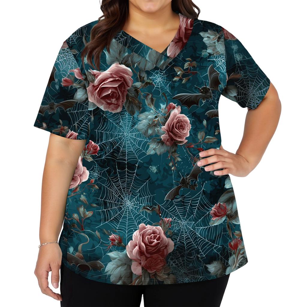 Women's V Neck Short Sleeve Work Top with Pockets Halloween Print Medical Uniform Shirt for Caregivers and Healthcare Professionals