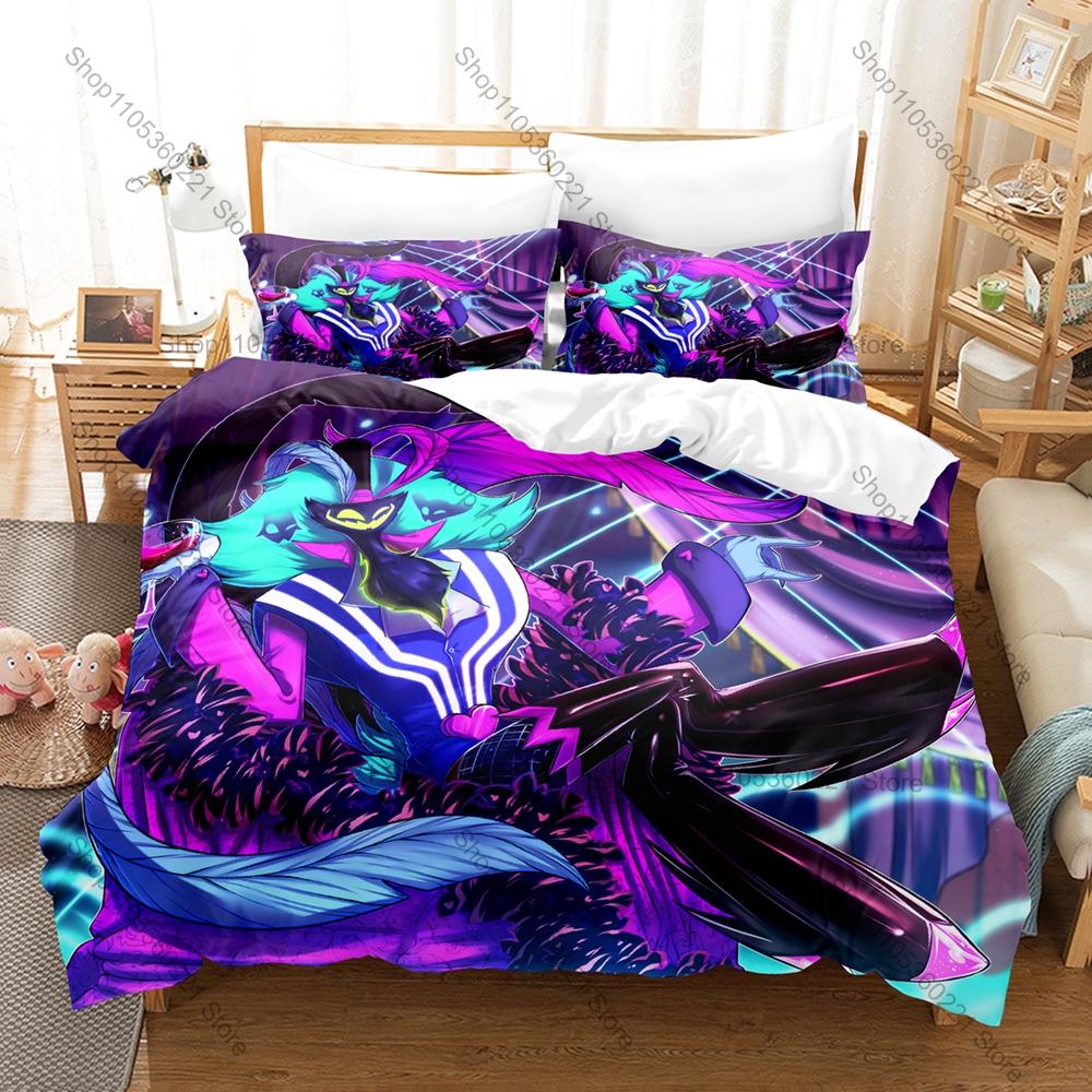 Helluva Bedding Set Duvet Cover + 2 Pillowcases Adult Dark Cartoon Imp Demon Blitzø Stolas Red Hell Neon Gothic Bedroom Decor