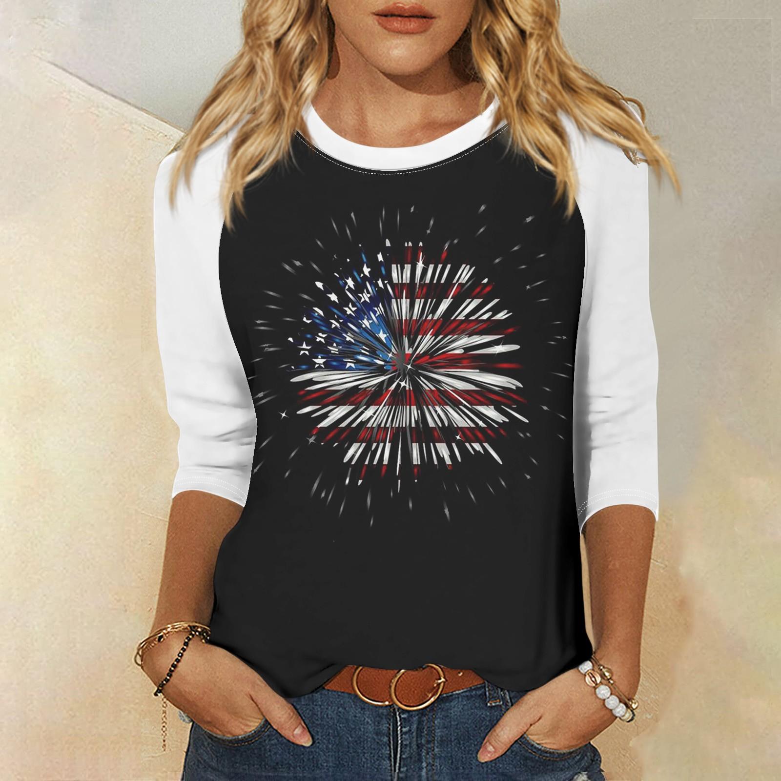

Рубашка для женщин, модная повседневная рубашка с рукавами реглан, круглым вырезом, рукавом 3/4, свободная футболка с принтом на День независимости, женский топ XL чёрный