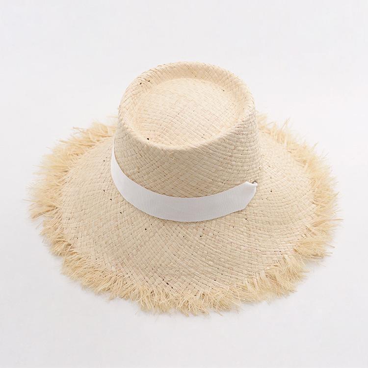 Spring and summer new raffia tether flat top large brim rough edge straw hat outdoor travel beach sun protection light