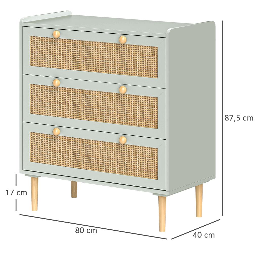 Bedroom Dresser with 3 Drawers, Rattan Fronts, Clothes Dresser for Hallway, Entryway, MDF, Green