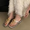 Fashion Women's Fashion Low Heel Sandals Summer New Square Toe Clip Toe Metal Buckle Non-slip Wear-resistant Flip Flops