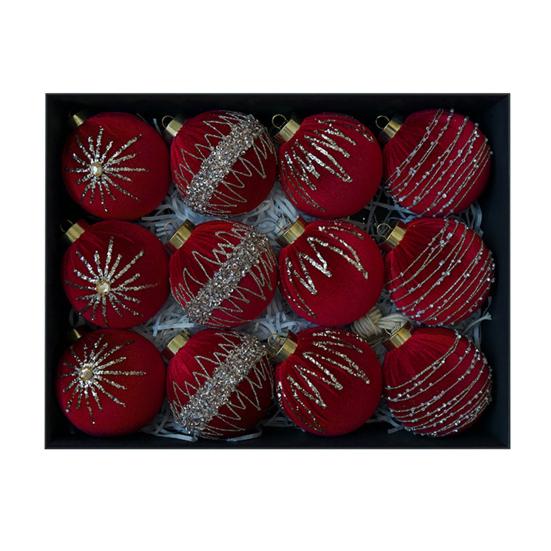 12 Pcs Velvet Glitter Christmas Ball Ornaments 3.15" Shatterproof Flocked Sequin Balls Christmas Tree Ornaments for Indoor Outdoor Holiday Party Decor