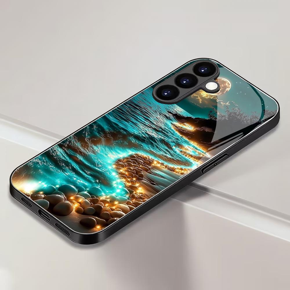 Custodia per telefono in vetro temperato nero da spiaggia fluorescente adatta per Samsung Galaxy S26 S25 S24 S23 S22 S21 S20FE/Ultra/Plus antiurto