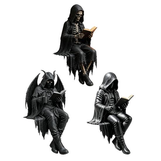 Yousheng Gothic Dark Fantasy Figure, Reading Hooded Grim Reaper Statue, Halloween Resin Sitting Skeleton Figurine for Bookshelf Home