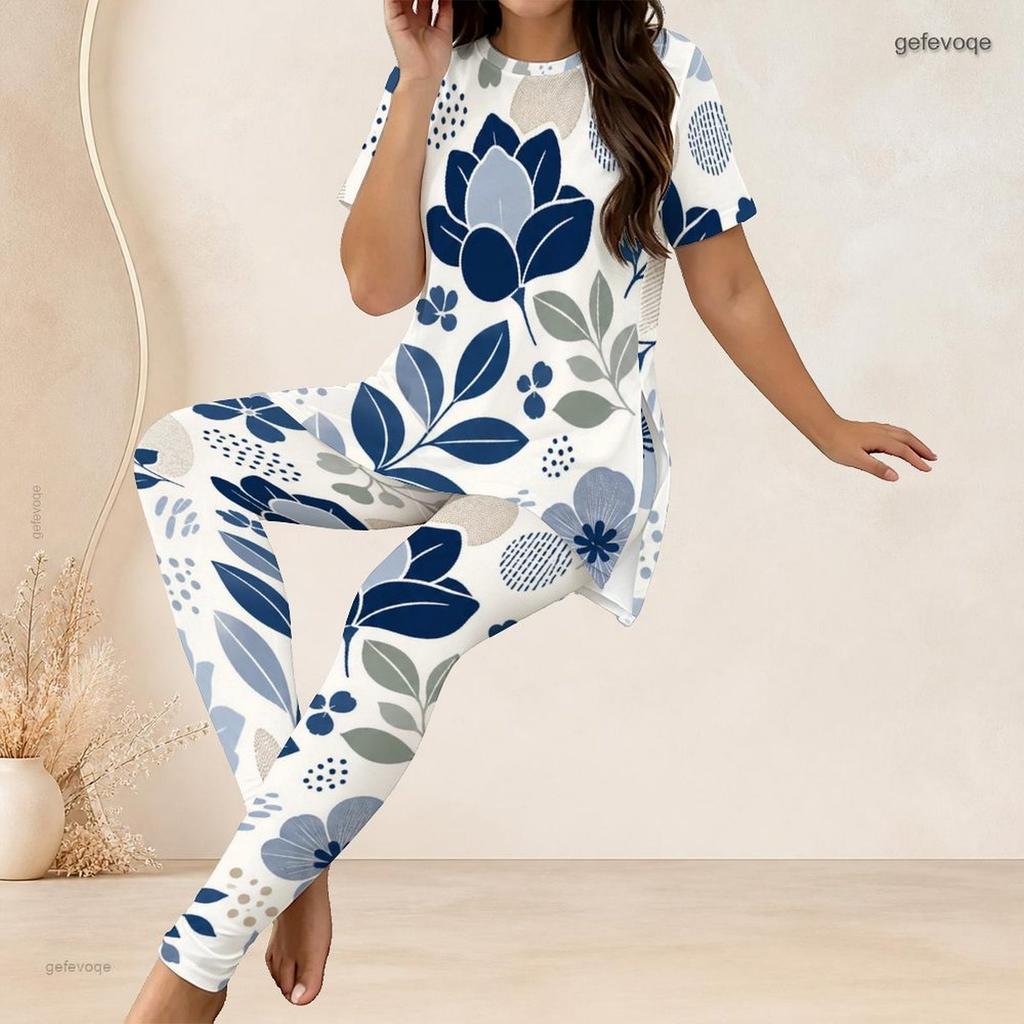 Women Plus Size Two Piece Coordinate Crew Neck Short Sleeve Blouse Long Trousers