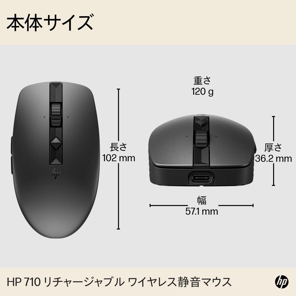 HP 710 Wiederaufladbare Kabellose Maus, Kompatibel mit und Unterstützt 3 und Umschaltbares Scrollrad, Leise, Bluetooth, Windows, Mac, ChromeOS, Geräte,
