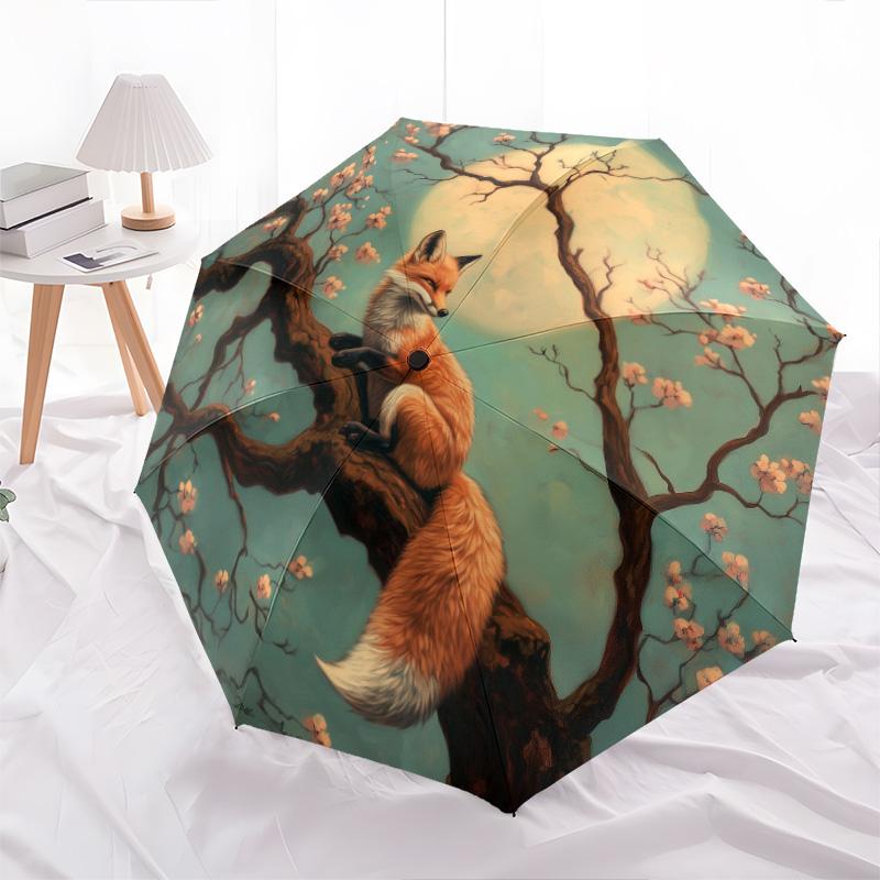

0106 Cherry Blossom Fox pattern, automatic folding umbrella, portable and foldable design, 8 ribs, a Christmas or birthday gift.