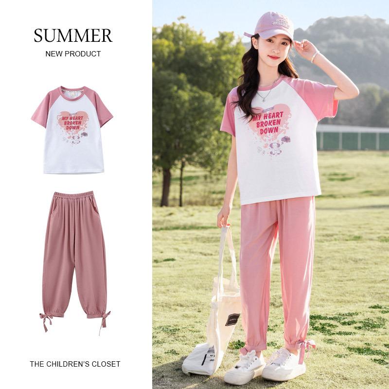 Summer Big Children's Casual Suit Knitted Short-sleeved Girls' Pants Suit