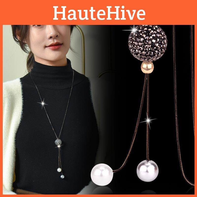 Unique Long Style Womens Sweater Necklace With Eye-catching Diamond Ball Design