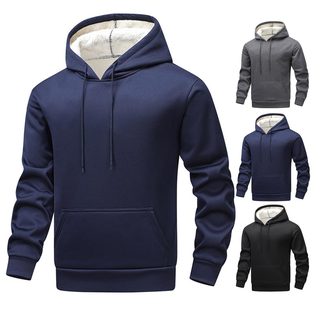 Men's Drawstring Pocket Solid Color Loose Warm Plus Fleece Casual Sports Hooded Sweatshirt