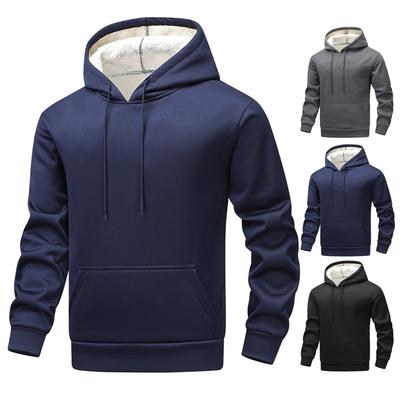 Men's Drawstring Pocket Solid Color Loose Warm Plus Fleece Casual Sports Hooded Sweatshirt