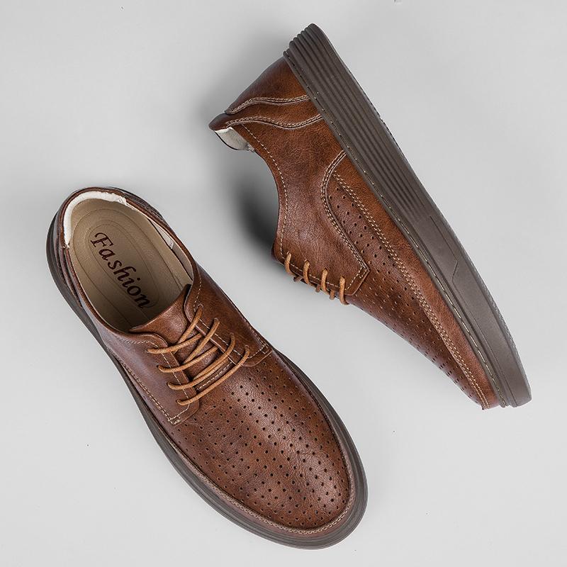 Fashion 2025 Big Size Leather Lace-up Casual Shoes for Men Air Cushion Platform Shoes with Perforated Design Comfortable Walking Shoes