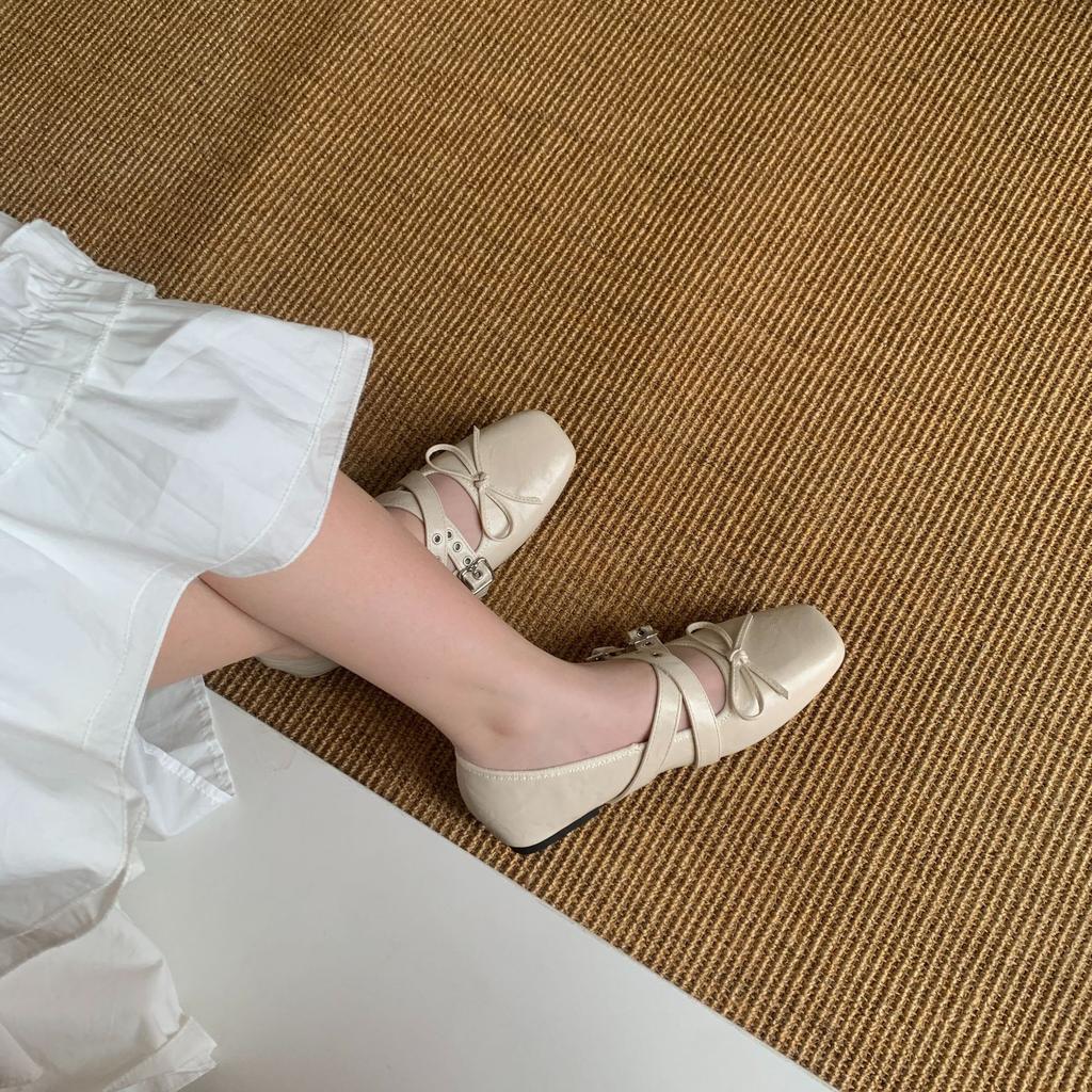 2025 spring and autumn new niche cross belt buckle sweet cool bow Mary Jane shoes inner height increase ballet single shoes women