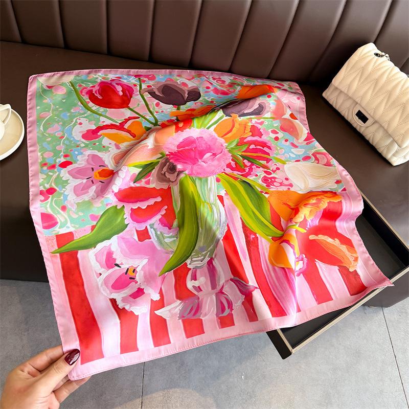 70cm Fashion Square Silk Scarf for Women Print Neck Shawl Versatile Headwear Clothing Bandana Hijab and Handkerchief Headscarf