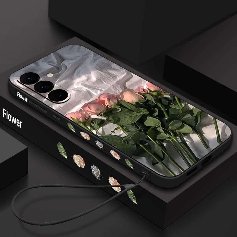 Housse Peinture à l'Huile Fleurs Roses Pour Samsung Galaxy S24 S25 FE S25 S23 S22 Ultra A17 A56 A16 A55 A25 A15 A36 A54 5G Cordon Housse Souple