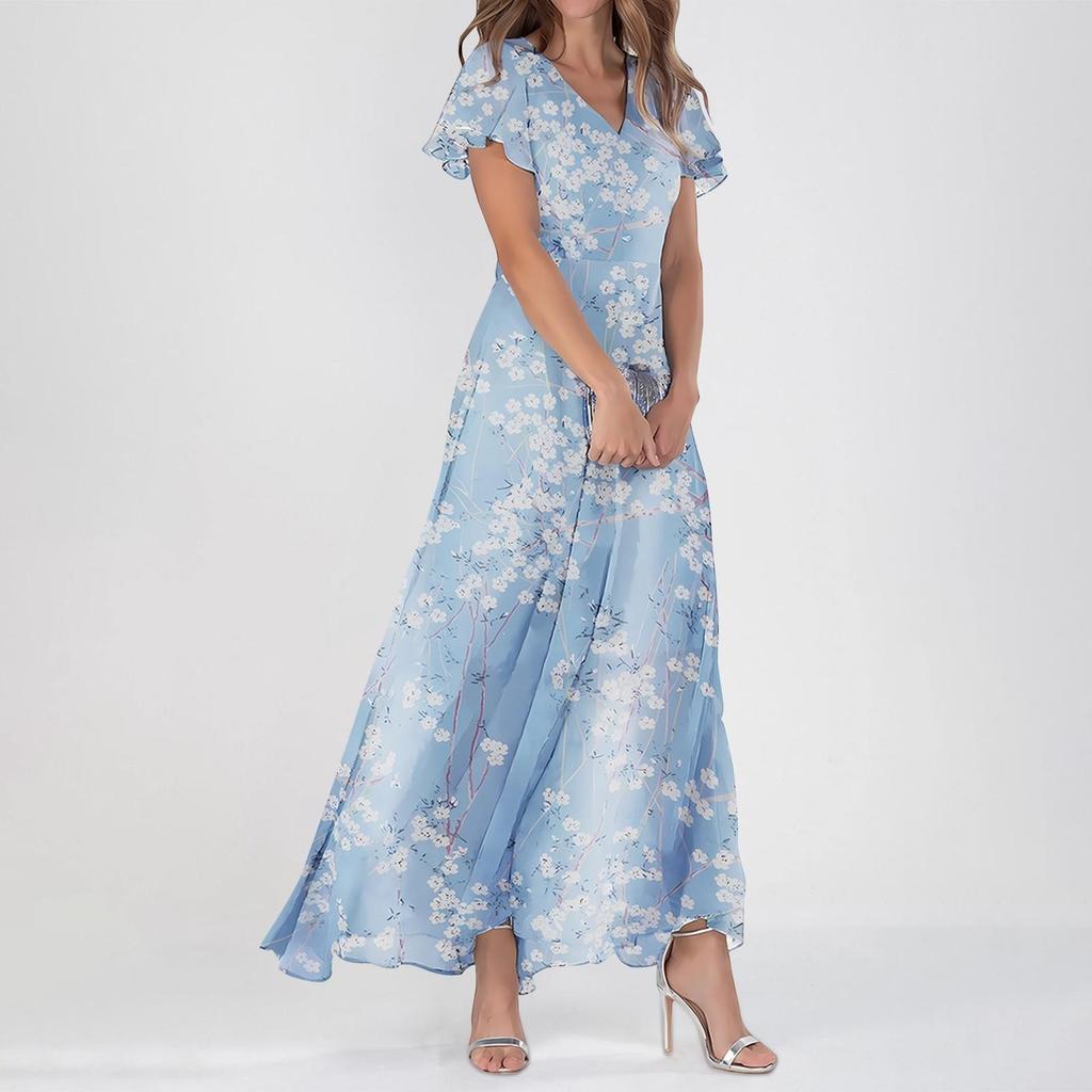 Robes d'été décontractées à manches courtes pour femme - Robes longues à fleurs mignonnes - Robes d'invitées de mariage - Robes fluides en mousseline de soie