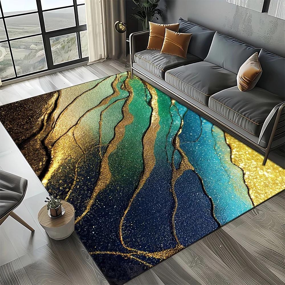 Smaragdgrüner und goldener Teppich – Luxuriöses Marmor-inspiriertes Muster für Wohnzimmer oder Schlafzimmer, rutschfest, elegante Heimdekoration