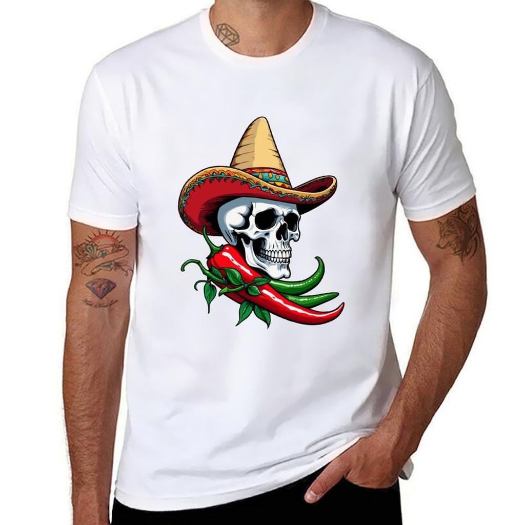 Aesthetic Chili Skull Design Mexican Style TShirt Casual All Match Tee Shirt for Men
