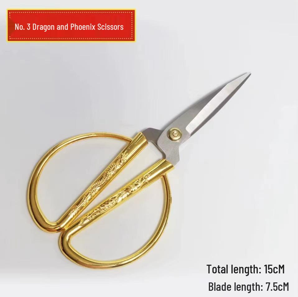 Gold Stainless Steel Dragon and Phoenix Ribbon Cutting Scissors with Zinc Alloy Handle - Tailor Wedding Gift