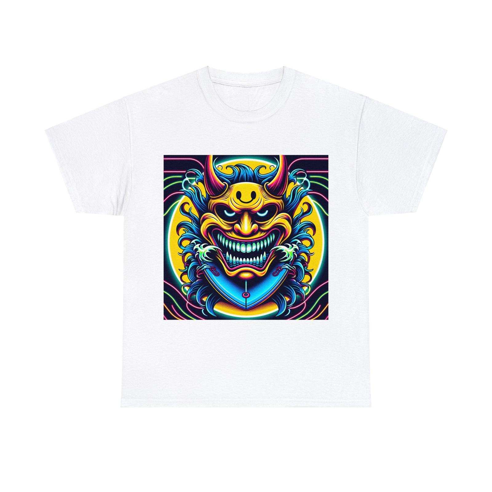Unisex Adult T Shirt Neon Demon Samurai Warrior Graphic Tee Oni Mask Japanese S