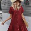 Women's V Neck Button Front Ruffle Hem Midi Dress Short Sleeve Casual Dress