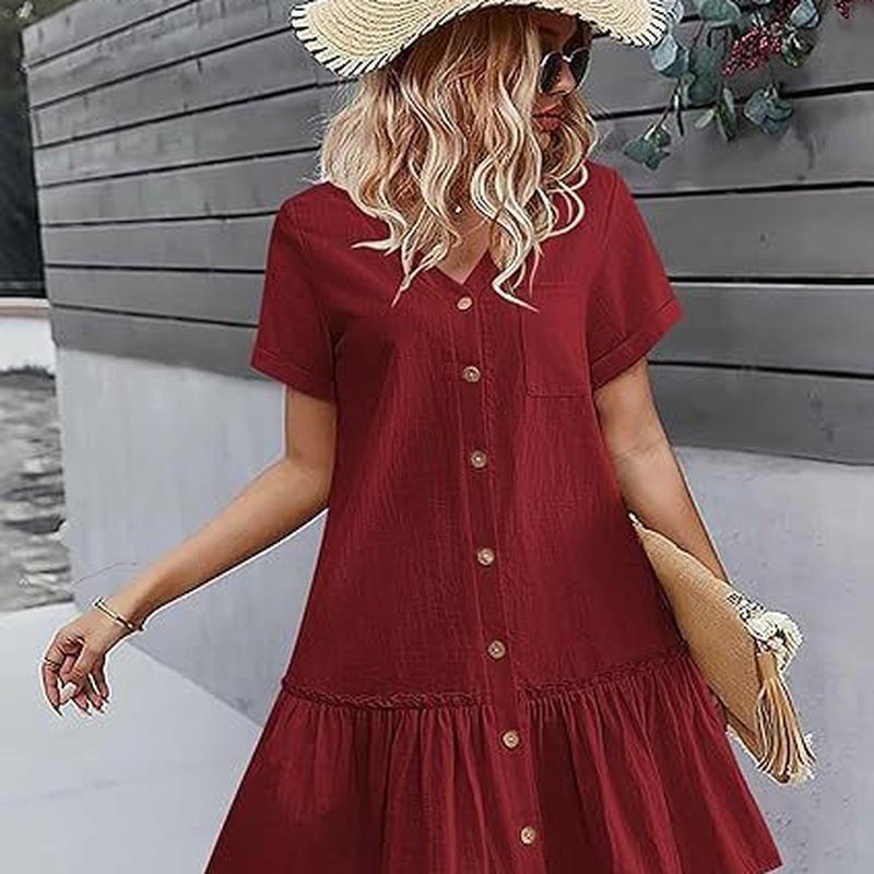 Women's V Neck Button Front Ruffle Hem Midi Dress Short Sleeve Casual Dress