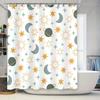 Space-themed Shower Curtain with Celestial Pattern Featuring Suns, Moons, Stars, and Planets In Green, Blue, and Orange Colors