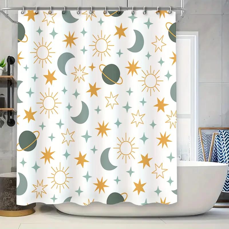 Space-themed shower curtain with celestial pattern featuring suns, moons, stars, and planets in green, blue, and orange colors W90xH180cm