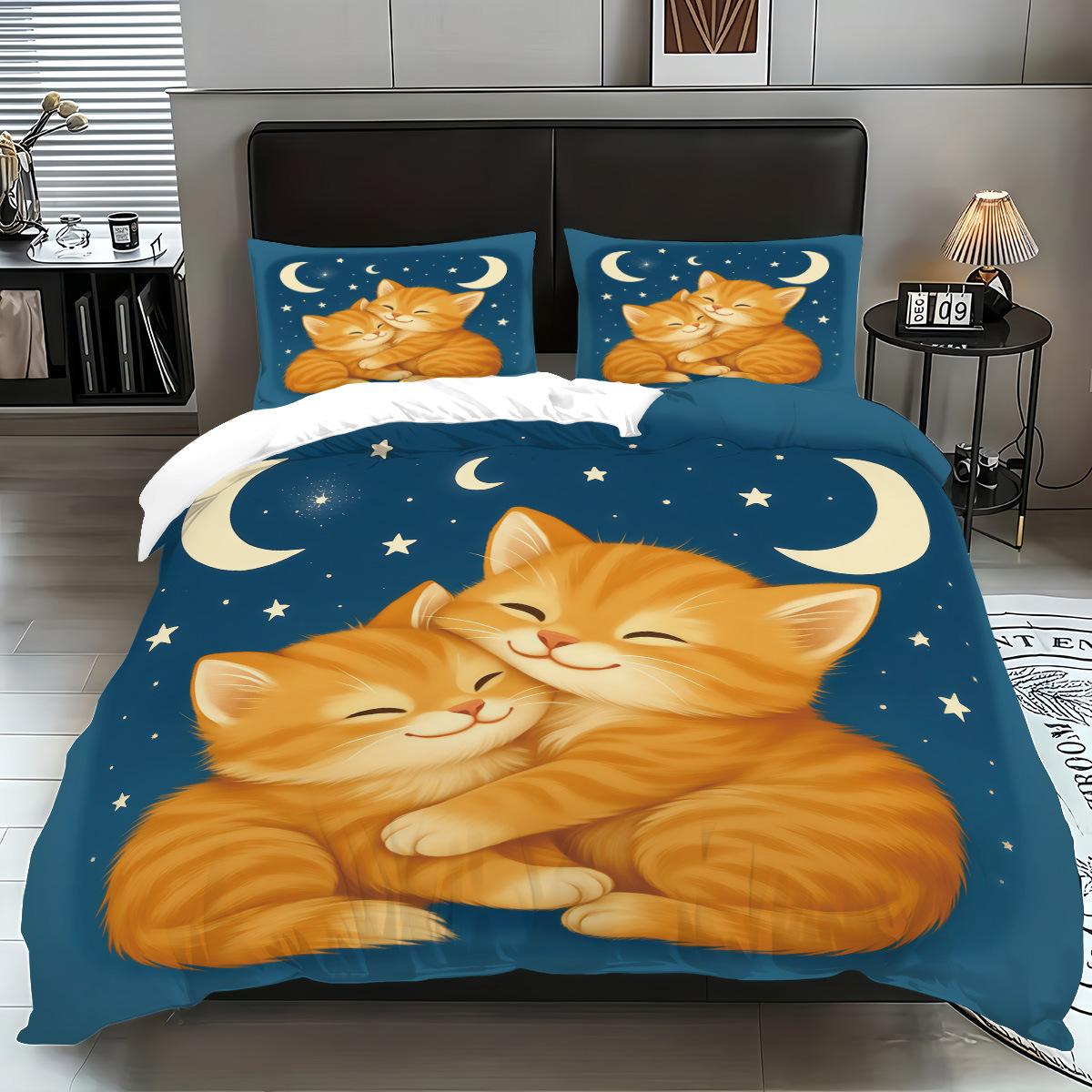 

Cartoon Cat Children S Quilt Cover Three-Piece Set Cute Kitten Digital Printing Home Textile Quilt Cover Pillowcase 135x200
