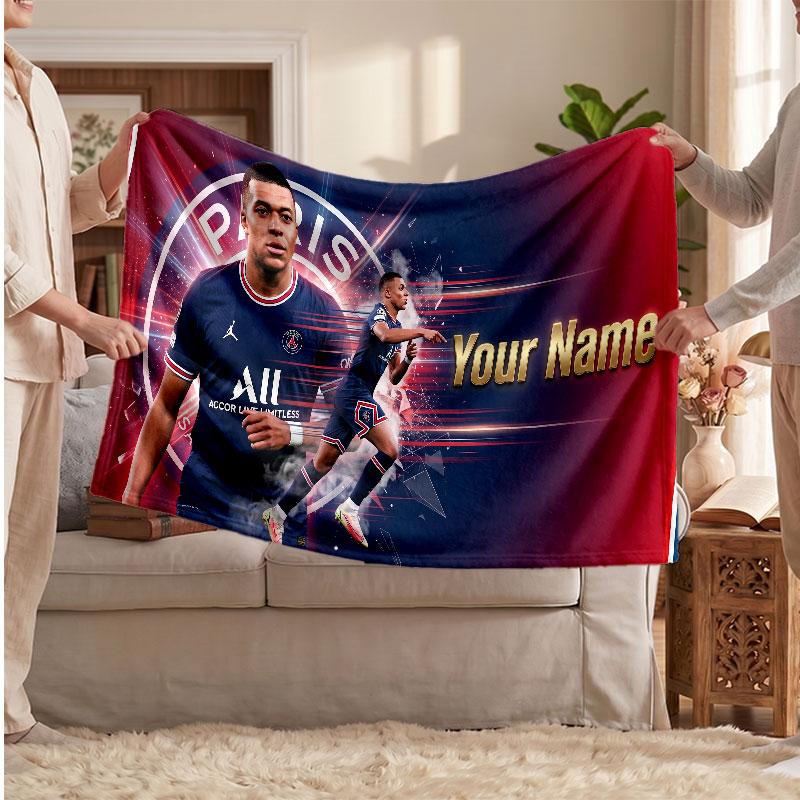Couverture polaire personnalisée Kylian Mbappe avec logo de football, texte de nom personnalisé, couverture jetée douce et chaude pour la maison