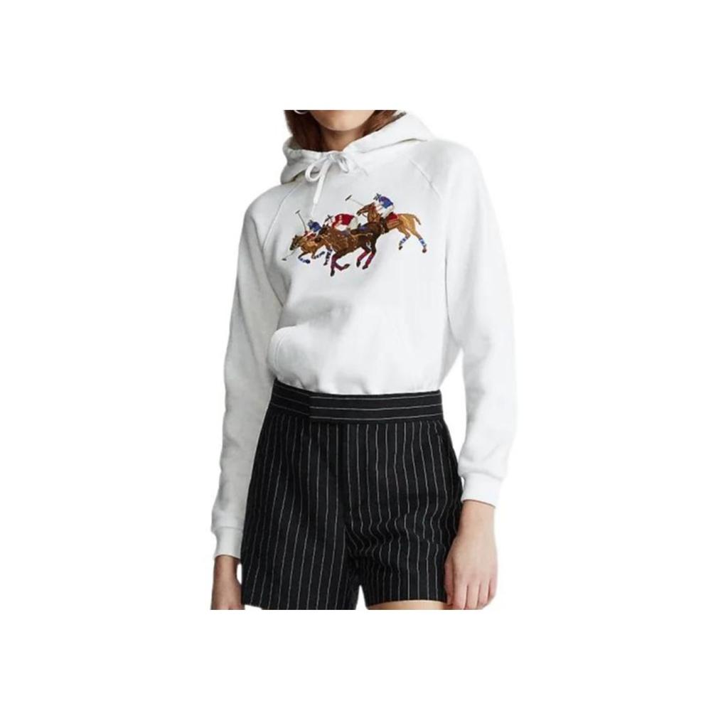 Polo Ralph Lauren FW23 Three Pony Embroidered Pattern Long Sleeve Fleece Hoodie Women Hoodies White WMPOKNIN6820188-100