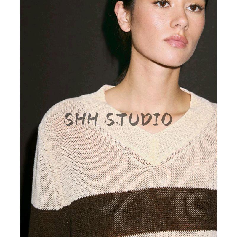 MD Spring/Summer New Arrival Women's Clothing Casual Nautica Style Lightweight Stripes V Neck Sweater Long Sleeve Knitwear 5790728