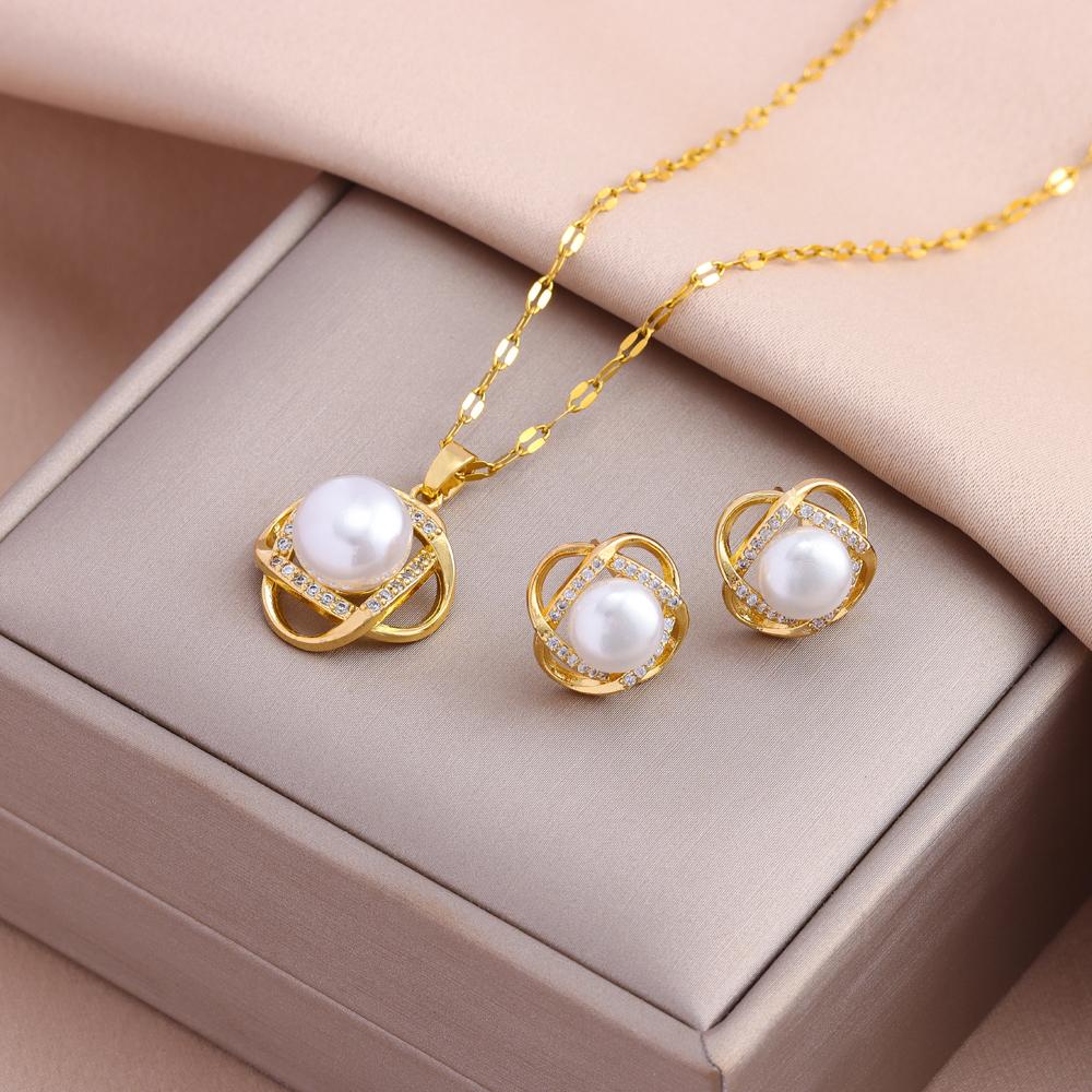 New Fashion Gold Plated Necklaces Earrings Sets For Women Female Trendy Party Jewelry Girls Daily Wear Neck Chain Earrings