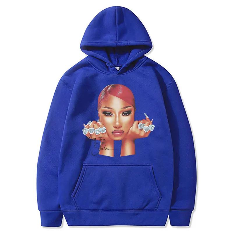Rapper Megan Thee Stallion Face Print Fashion Hoodie 90s Vintage Hip Hop Men Women Sweatshirt Fleece Oversized Casual Streetwear