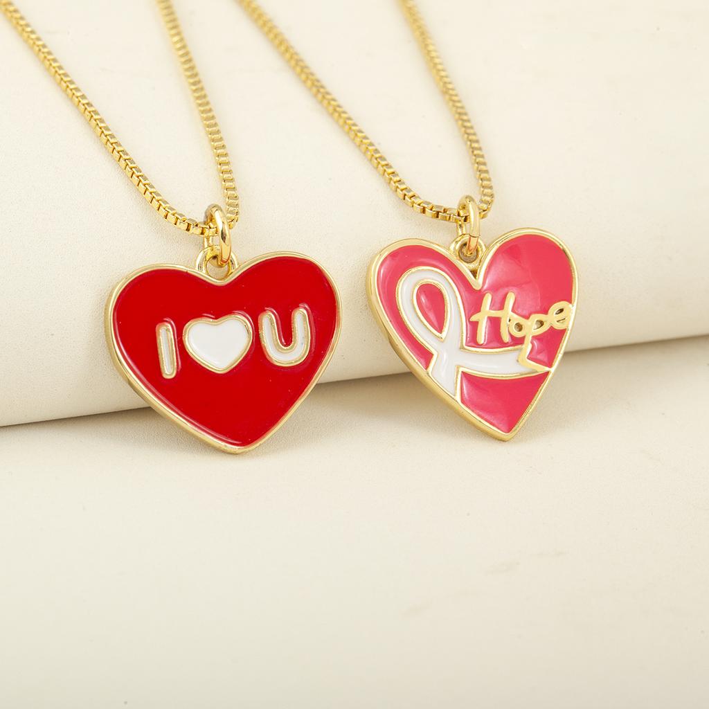 Nidin Simple Fashion Hope/I Love U Charm Pendant Necklace For Women Men Couples Heart Enamel Drip Oil Clavicle Chain Jewelry
