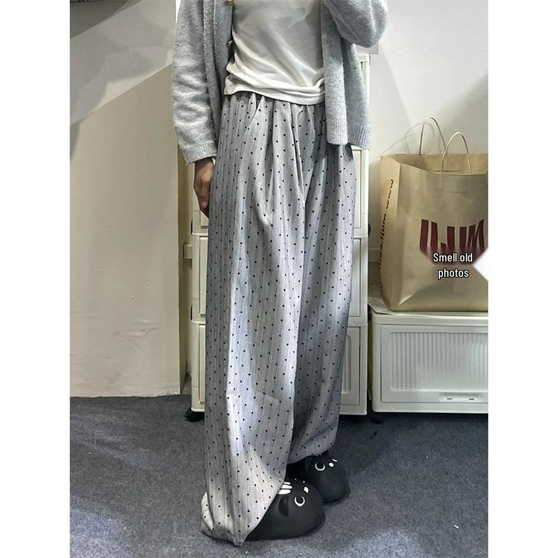 Dark Grey Heart Pattern Wide Leg High Waist Petite Women's Trousers - Spring/Summer Casual Straight Leg Floor Length Pants