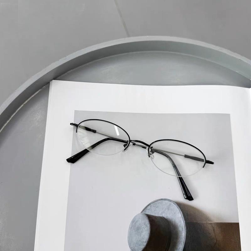 Retro Metal Comic Wind Red Half Frame Small Oval Glasses Frame Male Personality Literary Retro Plain Glasses Female