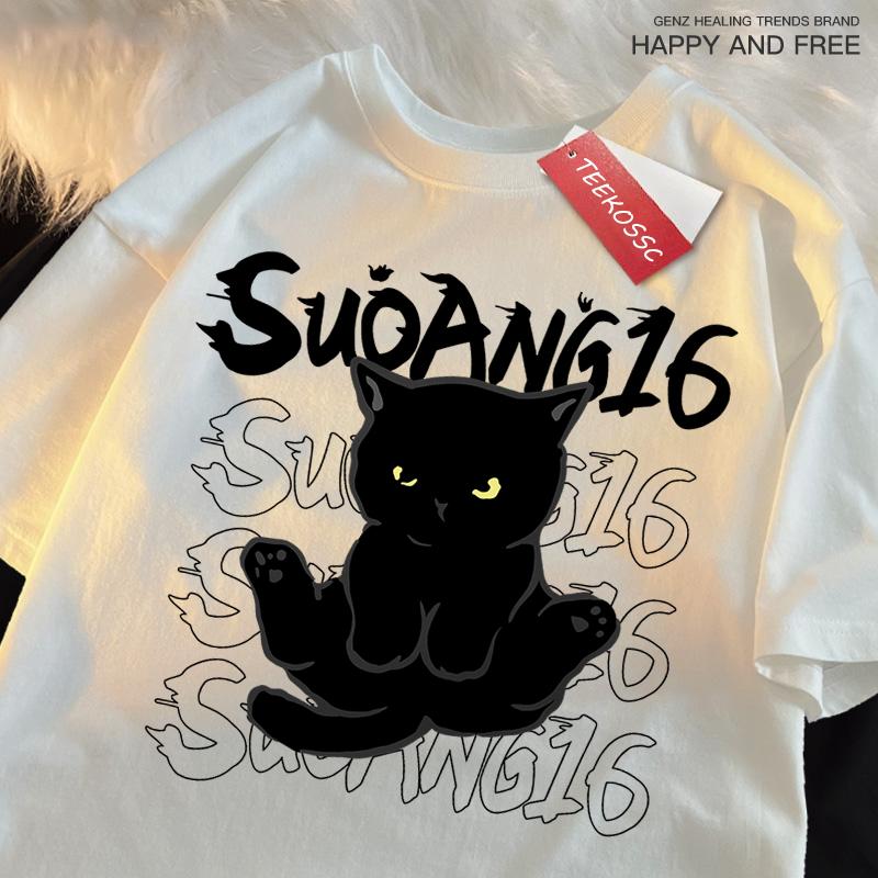 Fun Black Cat Print Japanese Style Men Women T-Shirt Fashion