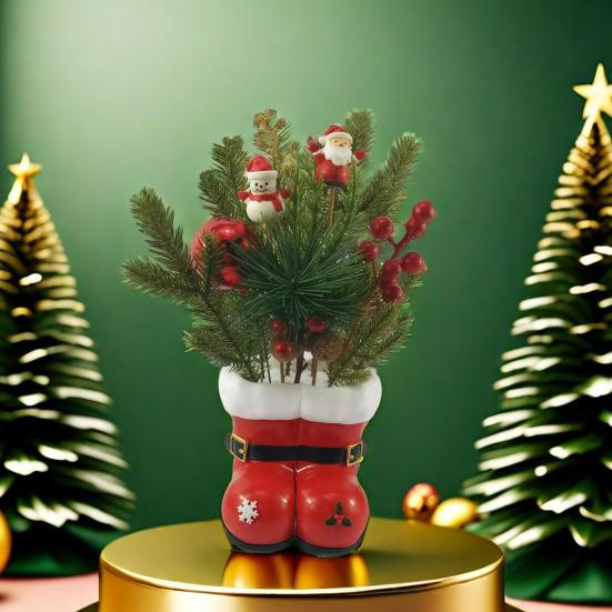 Jultomtens Stövlar Planter Röd och Vit Harts Jultomtens Stövlar Blomkruka med Spänne och Snöflingeaccenter Jul Bordsdekoration för Spiselhylla