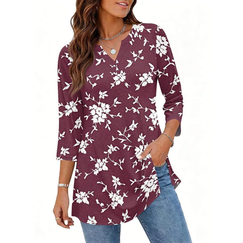 Womens Casual V Neck 34 Sleeve Pullover Tunic Top Floral Print Loose Fit Mid Length Blouse for Daily Wear