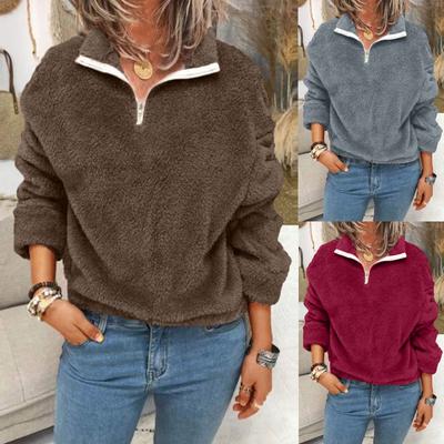 Mode Frauen Zipper Patchwork Lange Ärmel Tops Plüsch Pullover Sweatshirt