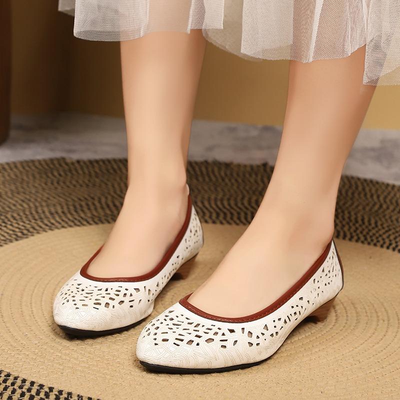 Fashion 2025 New Genuine Leather Ladies Breathable Hollow Summer Shoes Women Flats Slip-On Loafers Round Toe Soft Wedge Shoes Casual