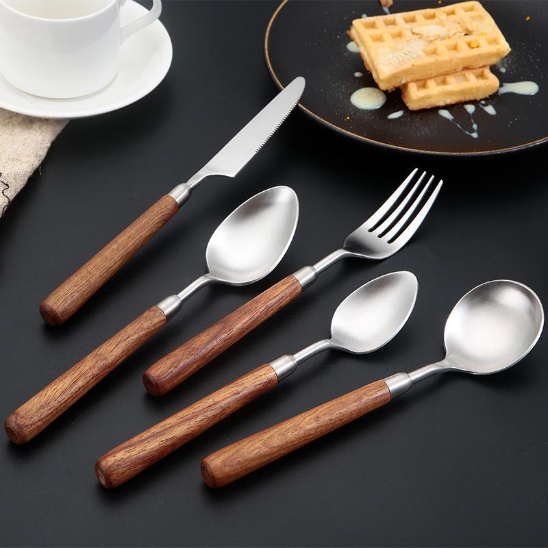 304 stainless steel spoon fork western knife restaurant steak knife kitchen wooden handle spoon knife and fork set