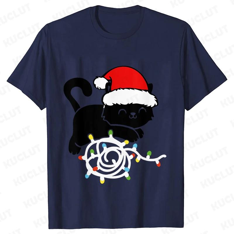 Fashion Trendy T Shirt Short Sleeve Tees for Unisex Funny Christmas Lights Cat T Shirts Female Korean Casual Streetwear Tshirt