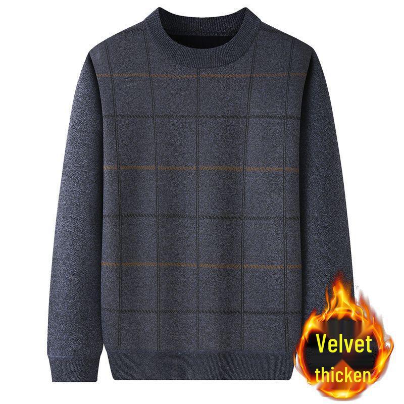 Men's Thickened Velvet Knit Sweater: Warm Round Neck Autumn/Winter Top for Middle-Aged & Elderly Dads