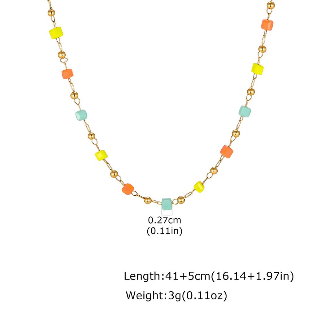 Colorful Rainbow Square Beaded Necklace for Women, Gold Plated Stainless Steel Boho Necklace Bracelet, Exquisite Charm Jewelry