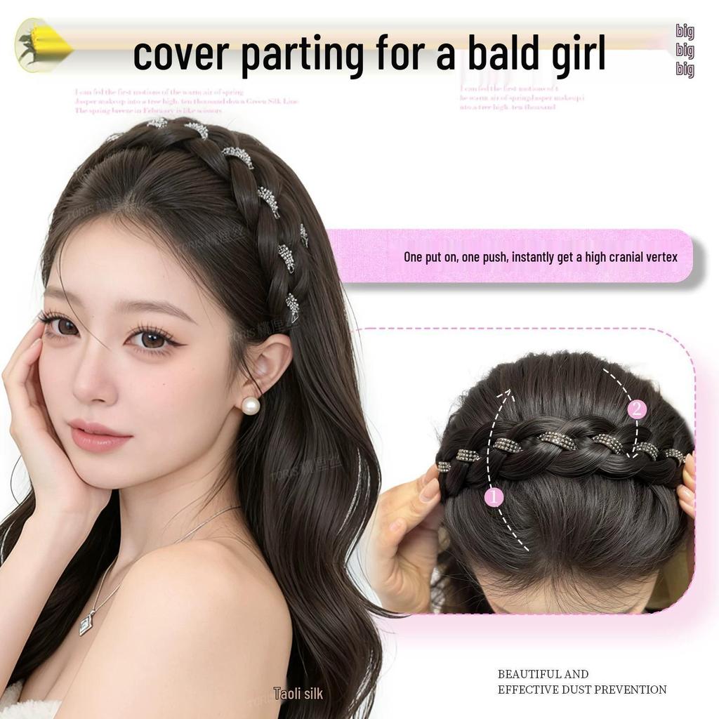 Rhinestone Fishtail Braid Headband Wig for Women's Realistic Hair Volume Increase