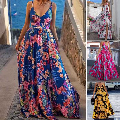 V-neck Waist Tight Split Hem Lady Dress Floral Print Sleeveless Sling Beach